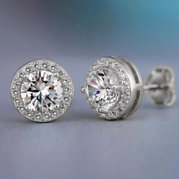 🎁Silver Plated Round Zircon Stud Earrings for Women/Men, UNVN12437 - Picture 2 of 2